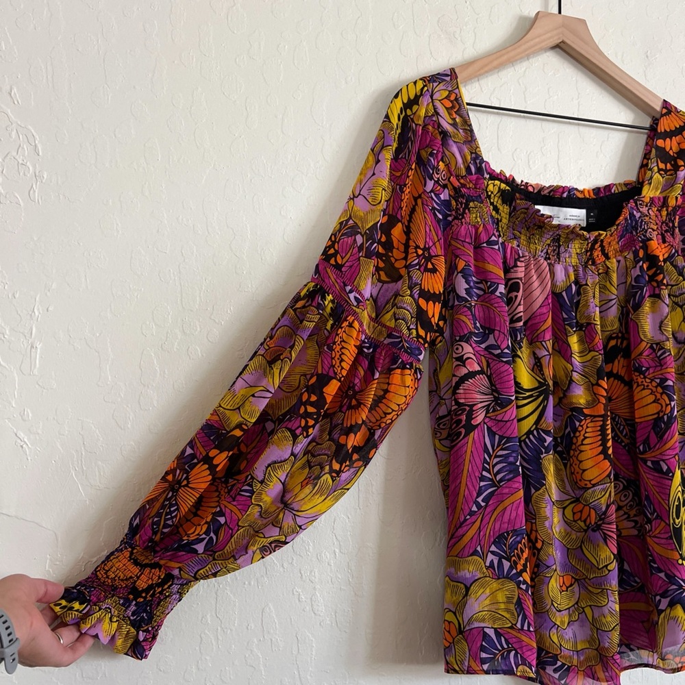 Anthropologie Alexandra Farmer Floral Butterfly Smocked Puff Sleeve Blouse XL - Picture 7 of 10